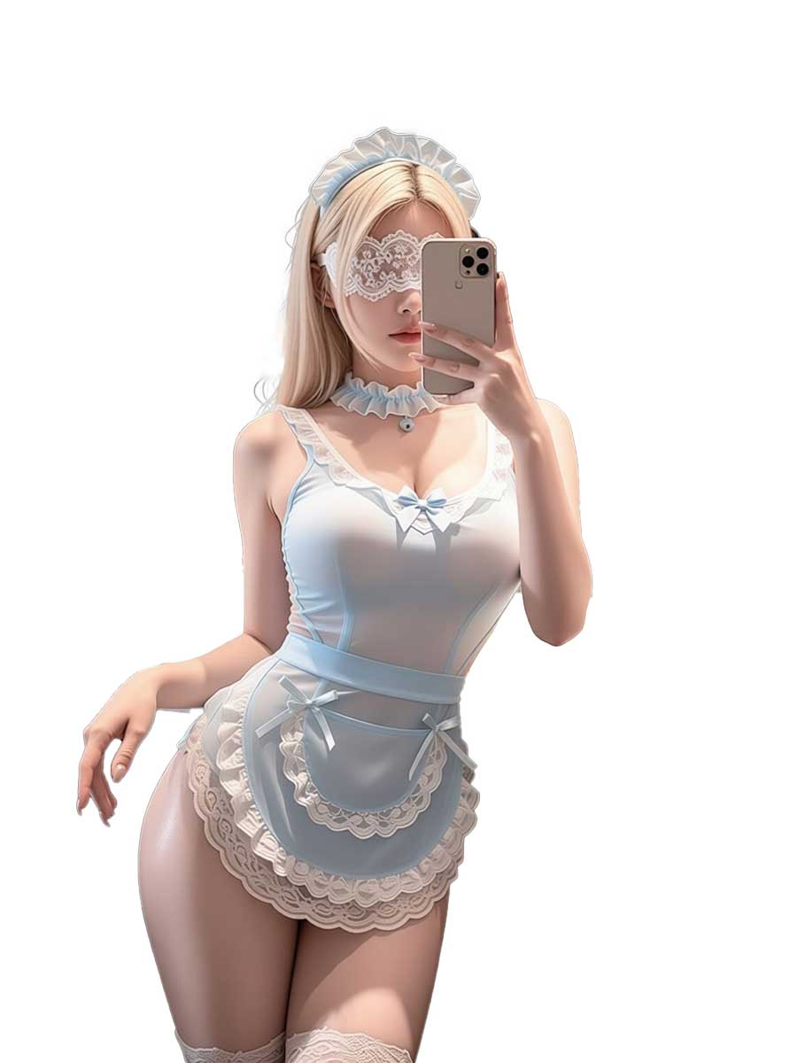 Lace Teddy Lingerie - จิมิโกะ ชุดบอดี้สูทลูกไม้สีน้ำเงินขาวสำหรับผู้หญิง ชุดชั้นในสไตล์ผ้ากันเปื้อนแบบไม่มีแขน ชุดคอสเพลย์แม่บ้านสำหรับการสวมบทบาท