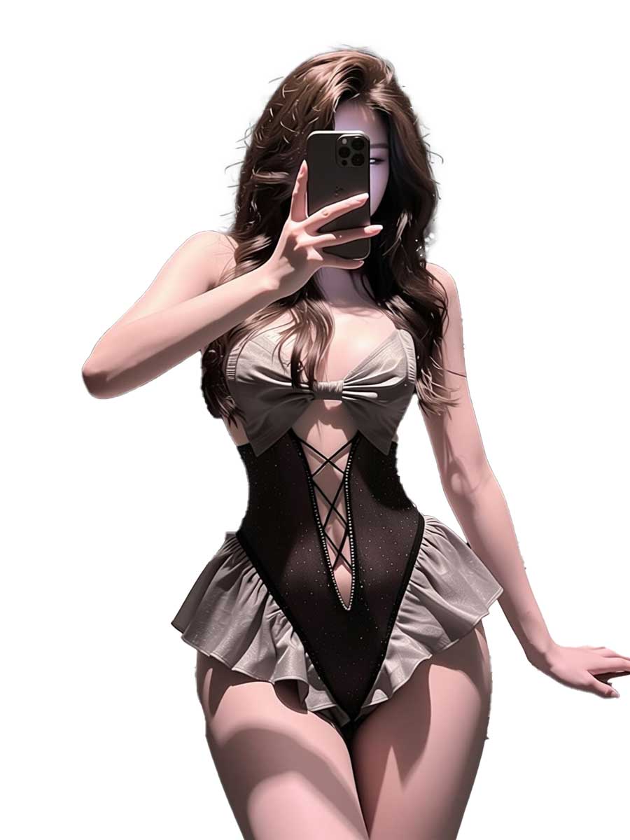 Lace Teddy Lingerie - จิมิโกะ ชุดคอสเพลย์ชุดชั้นในแม่บ้านสีดำเทาพร้อมระบาย, ชุดบอดี้สูทเท็ดดี้แบบผูกเชือกพร้อมโบว์สำหรับผู้หญิง, ชุดนอนแบบชิ้นเดียว