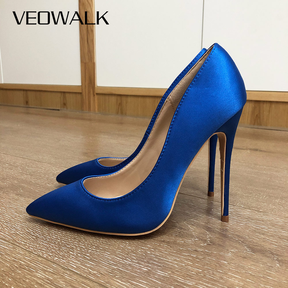Slip Dress Satin - Veowalk Royal Blue ผู้หญิงผ้าไหมซาติน Stilettos รองเท้าส้นสูงสุภาพสตรีแฟชั่นชี้