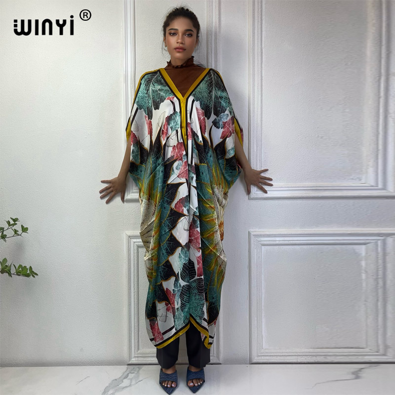 Robe Silk Women - Winyi ชุดเดรสคอวีสไตล์แอฟริกันสำหรับฤดูร้อนชุดชายหาดพิมพ์ลายสำหรับผู้หญิงเสื้อคลุมสตรีหลวม2024มุสลิมชายหาดชุดคลุมผ้าไหมสำหรับใส่ตอนเย็น