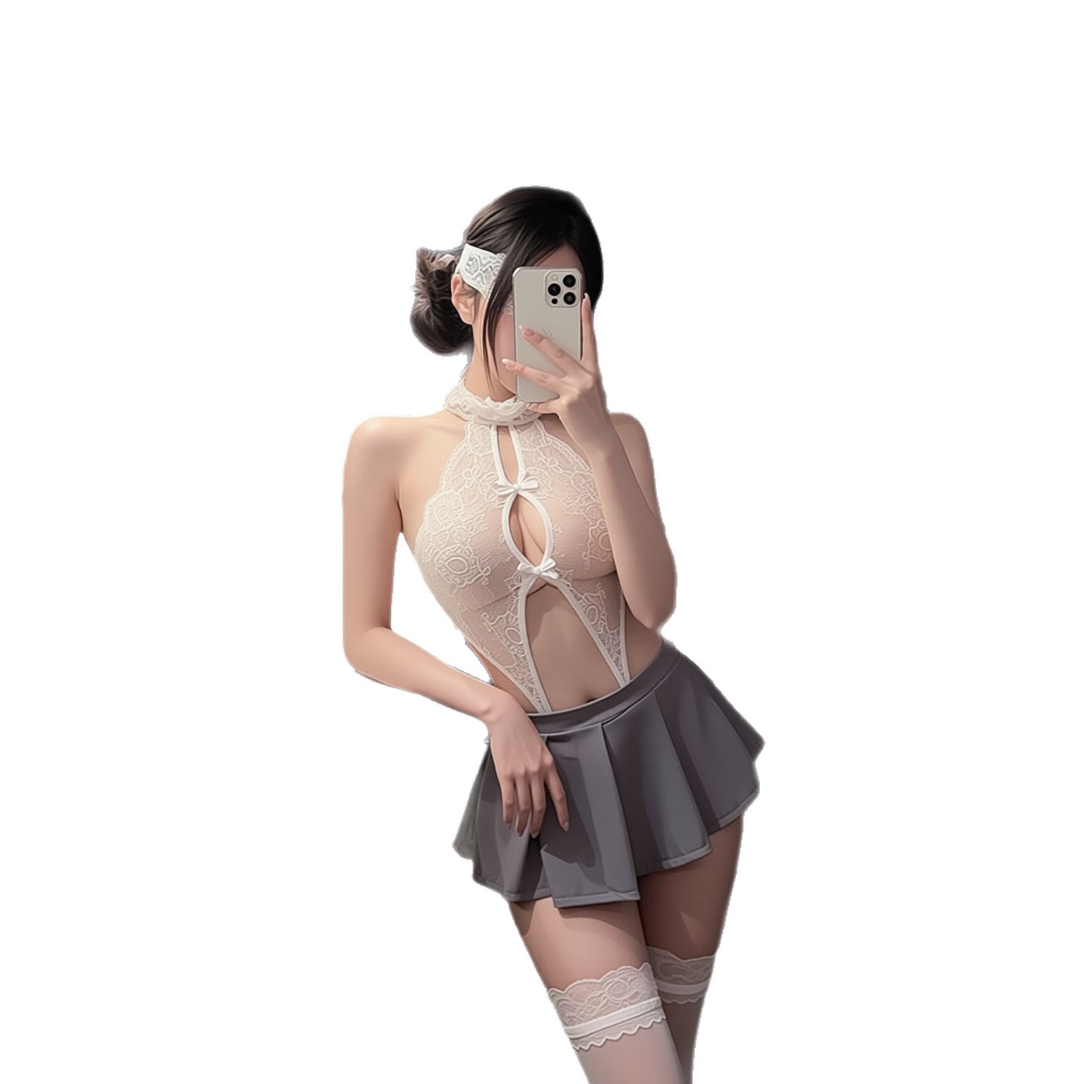 Lace Teddy Lingerie - จิมิโกะ ชุดชั้นในสองชิ้นสำหรับผู้หญิง: บอดี้สูทลูกไม้สีขาวแบบฮัลเตอร์ พร้อมกระโปรงมินิสเกิร์ตจีบสีเทา ชุดนอนเท็ดดี้แบบมีดีไซน์เว้าพร้อมกระโปรงลูกไม้