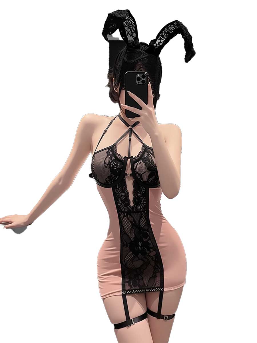 Lace Teddy Lingerie - จิมิโกะ ชุดเดรสสั้นรัดรูปสีชมพู-ดำสำหรับผู้หญิง, ชุดชั้นในตาข่ายแบบเว้าคอ, ชุดนอนซีทรู, ชุดนอนลูกไม้