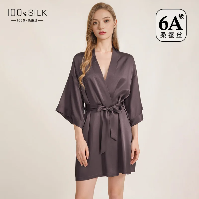 Robe Silk Women - ชุดคลุมอาบน้ำผ้าไหมแท้สำหรับผู้หญิง แขนยาว ดีไซน์กิโมโน สง่างาม พร้อมเข็มขัดคาดเอว