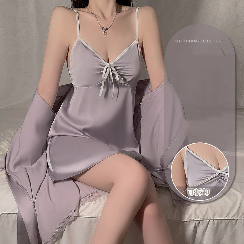 Robe Silk Women - ชุดนอนผ้าซาตินไหมน้ำแข็งแบบสองชิ้น ชุดคลุมอาบน้ำสำหรับฤดูร้อน ชุดนอนผู้หญิง ชุดลำลอง ชุดนอนสายเดี่ยวเซ็กซี่ ชุดอยู่บ้าน